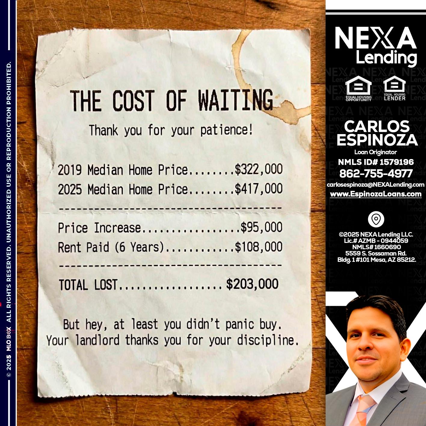 THE COST OF WAITING - Carlos Espinoza -Mortgage Loan Originator